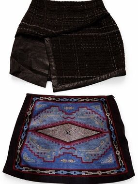 Boho Embroidered Blue & Black Square Scarf + faux leather plaid mini - Small